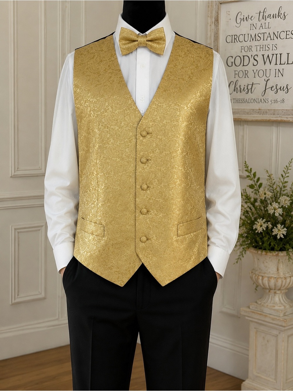HI-TIE Men’s Medium Gold Brocade Print Suit Vest